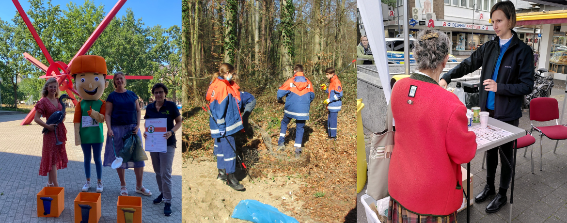 Bildcollage mit: 1. Personen und dem Maskottchen des KreisSportBundes Viersen vor Abfallsortierbehältern, 2. eine Gruppe Jugendlicher, die in der Natur Abfall sammeln, 3. Zwei Personen an einem Informationsstand bei einem Beratungsgespräch