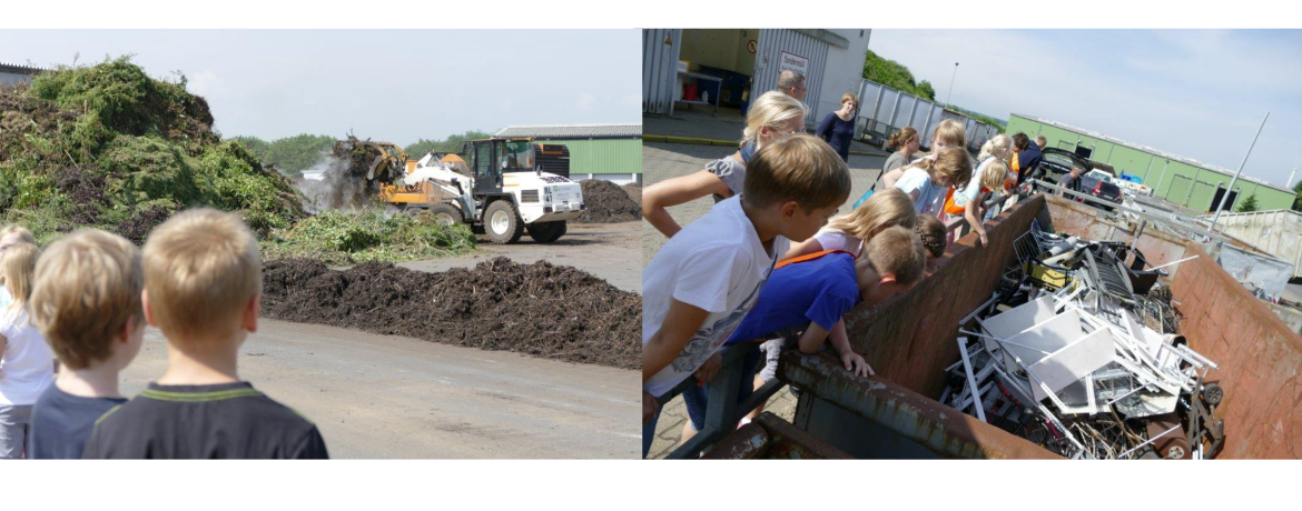 Bildcollage aus zwei Bildern: 1. Kinder schauen einem Bagger zu, wie er Grünschnitt transportiert, 2. Eine Gruppe Kinder steht an einem Container mit Metallabfällen und schaut hinein