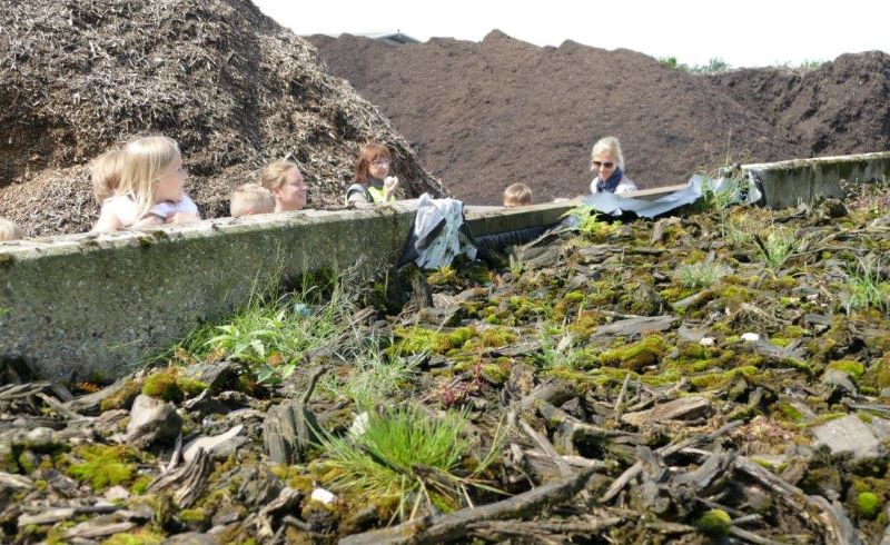 Ein Ausschnitt vom Rotteplatz der Kompostierungsanlage. Im Vodergrund schauen Kinder auf einen Haufen grob gehäckseltes Holz. Im Hintergrund sind große Haufen mit Kompost.