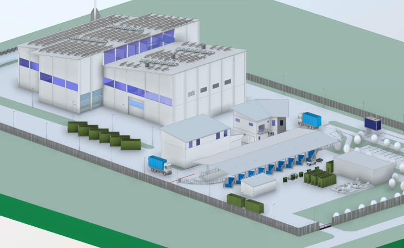 Technische Zeichnung des Wertstoff- und Logistikzentrums mit Gebäuden, Containern, Fahrzeugen und Straßen