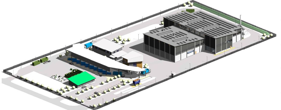 Technische Zeichnung des Grundrisses des Wertstoff- und Logistikzentrums mit Gebäuden, Containern, Begrünung und Fahrzeugen