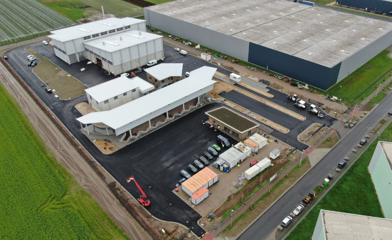 Aktuelles Luftbild der Baustelle des Werstoff- und Logistikzentrums