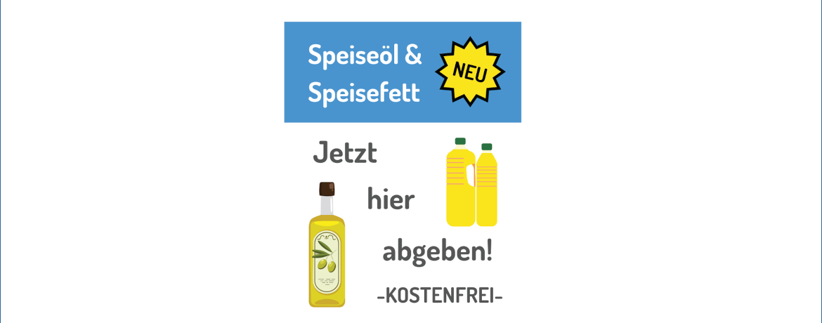 Plakat mit Grafiken von Speiseölflaschen und dem Schriftzug "Speiseöl und Speisefett jetzt kostenfrei hier abgeben"