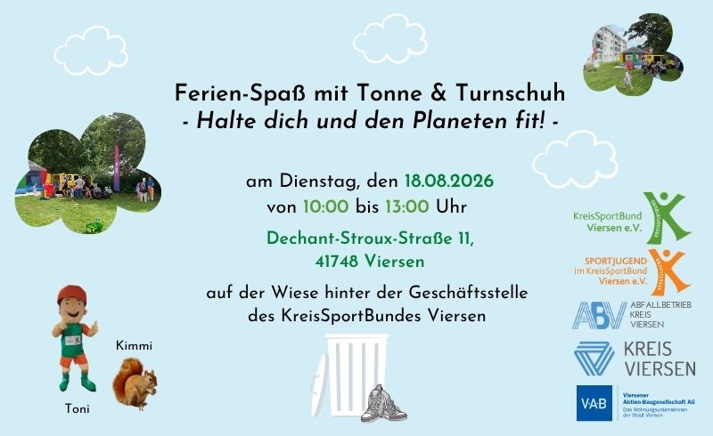 Plakat mit Text und Bildern mit spielenden Kindern, den Logos vom Abfallbetrieb des Kreises Viersen, dem Kreissportbund und dem Kreis Viersen. Außerdem Bilder von den Maskottechen Toni und Kimmi (Eichhörnchen)