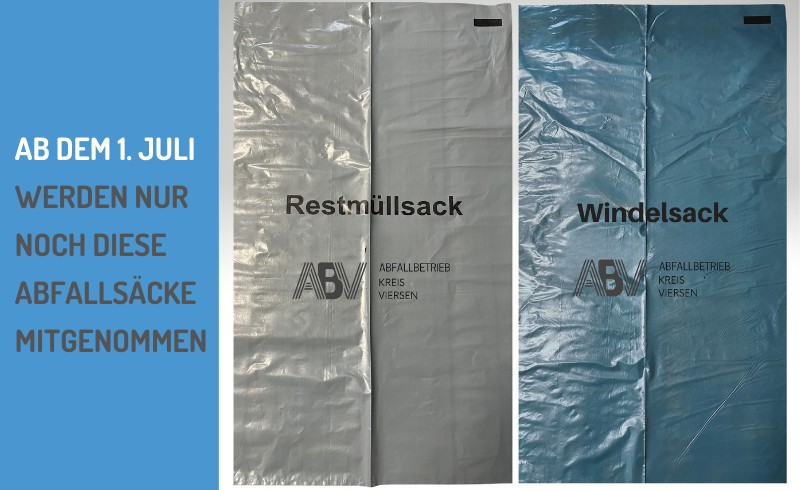 Zwei Abfallsäcke in grau und Blau mit der Aufschrift Abfallbetrieb Kreis Viersen. Daneben eine Textbox mit dem Inhalt: Ab dem 1.Juli werden noch diese Abfallsäcke mitgenommen