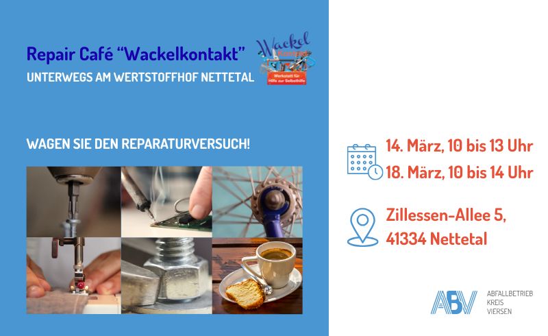in einzelnen Bildern sieht man Akkuschrauber, Lötkolben, Fahrradfelge, Nähmaschine, Schraube und Teller mit Kaffee und Kuchen. Dazu werden im Text die Daten und Uhrzeiten zu den Repair Café Terminen am WLZ genannt, die mit dem Repair Café Lobberich gemeinsam durchgeführt werden.