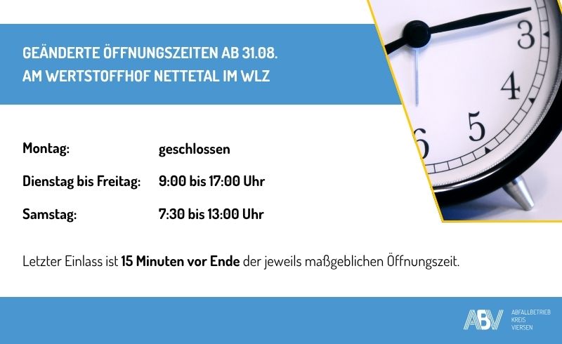Bild mir Informationen zu den geänderten Öffnungzeiten am Wertstoffhof Nettetal und Wertstoffhof Schwalmtal