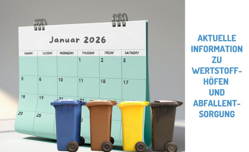 Kalenderblatt Januar 2026. Davor stehen vier Abfalltonnen in den Farben blau, braun, gelb und schwarz