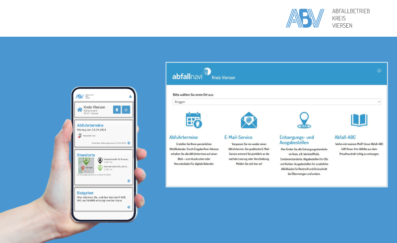 Hand die ein Handy hält, auf dem die Abfall-App Kreis Viersen geöffnet ist. Außerdem das Startfenster des Abfallnavis.