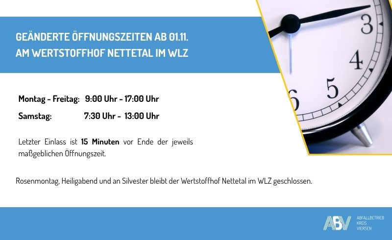 Bild mir Informationen zu den geänderten Öffnungzeiten am Wertstoffhof Nettetal