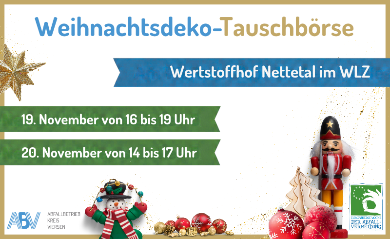 Verschiedene Weihnachtsdekoration und Text mit Ankündigung der Weihnachtsdeko-Tauschbörse am Wertstoffhof Nettetal am 19. und 20. November