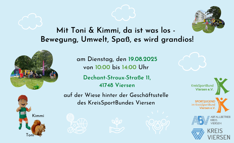 Plakat mit Text und Bildern mit spielenden Kindern, den Logos vom Abfallbetrieb des Kreises Viersen, dem Kreissportbund und dem Kreis Viersen. Außerdem Bilder von den Maskottechen Toni und Kimmi (Eichhörnchen)