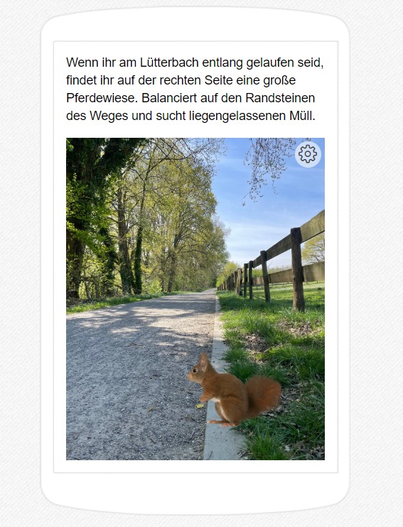 Eichhörnchen Kimmi sitzt auf den Randsteinen neben einem Weg. Es gibt eine Aufgabenbeschreibung: Wenn ihr am Lütterbach entlang gelaufen seid, findet ihr auf der rechten Seite eine große Pferdewiese. Balanciert auf den Randsteinen des Weges und sucht liegengelassenen Müll.