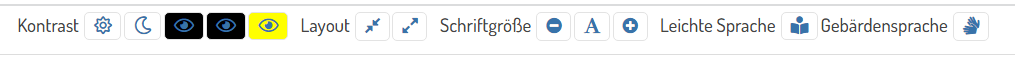 Wörter und Symbole mit denen die Seitenansicht angepasst werden kann und die Seiten Leichte Sprache und Gebärdensprache aufgerufen werden können