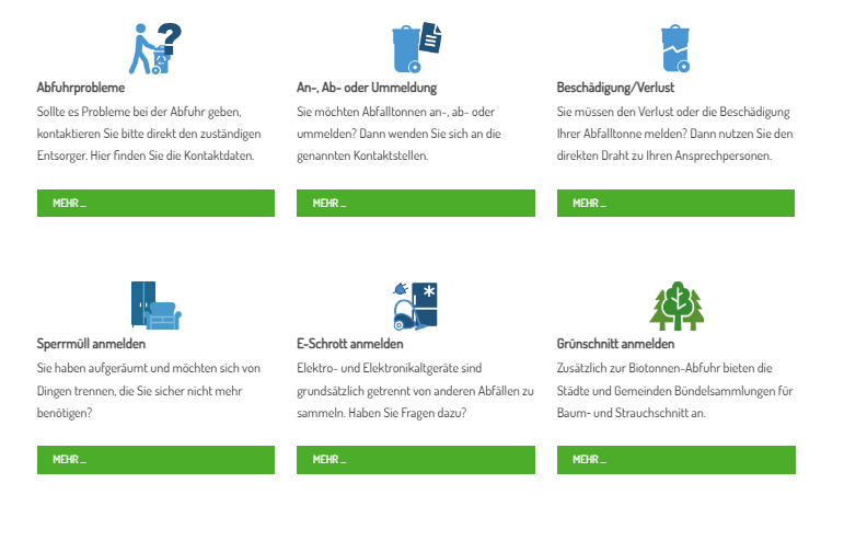 Sechs verschiedene Textfelder mit jeweils einem zum Thema passenden Symbol. Die Text felder sind beschriftet mit: Abfuhrprobleme, An-, Ab- und Ummeldung, Beschädigung/ Verlust, Sperrmüll anmelden, E-Schrott anmelden, Grünschnittanmelden. Unter dem Text steht jeweils ein Kästchen mit dem Begriff: Mehr