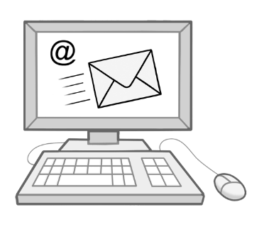 Illustration eines Computerbildschirms mit einem @ Zeichen und einem Briefumschlag. Vor dem Bildschirm stehen eine Tastatur und eine Computermaus